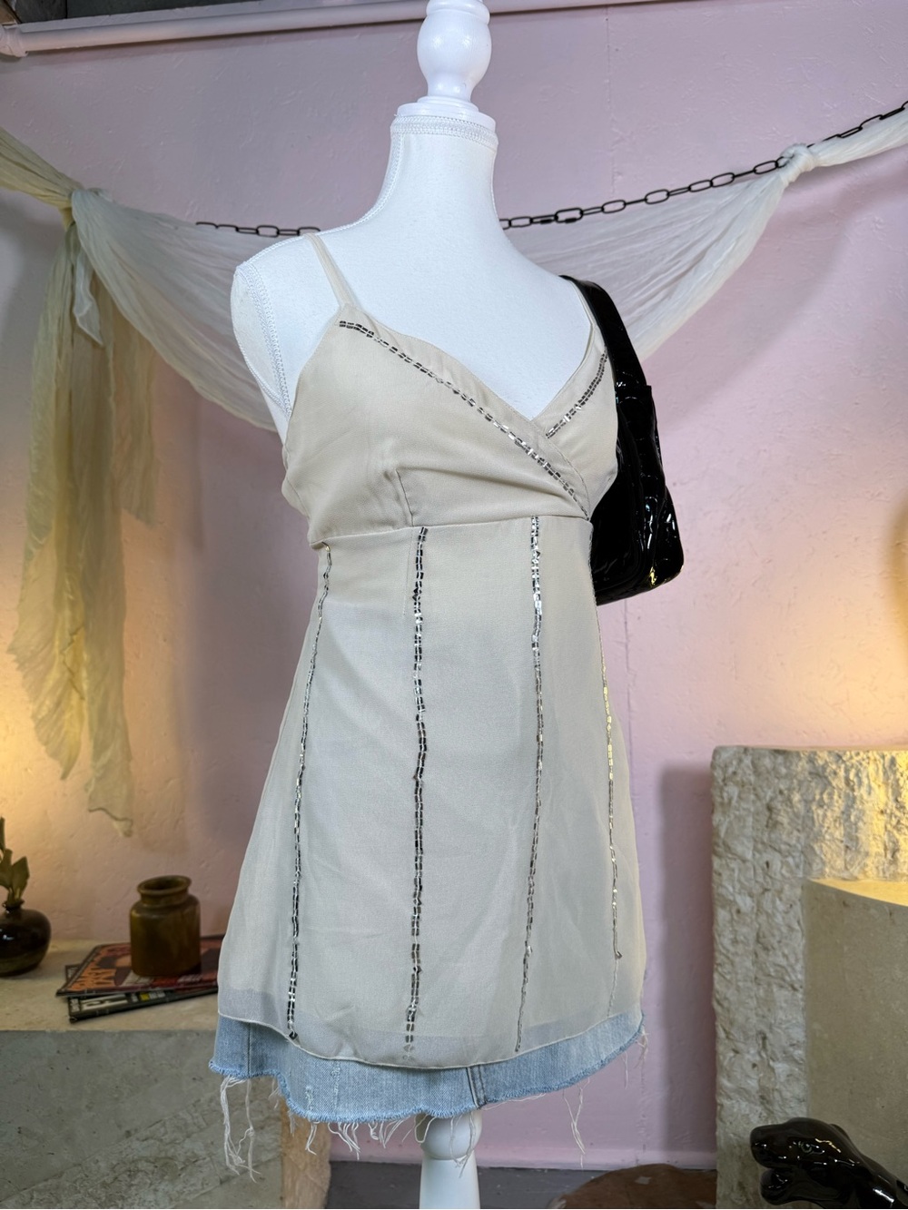 Y2K Champagne Sheer Sequin Cami Top Size Small
